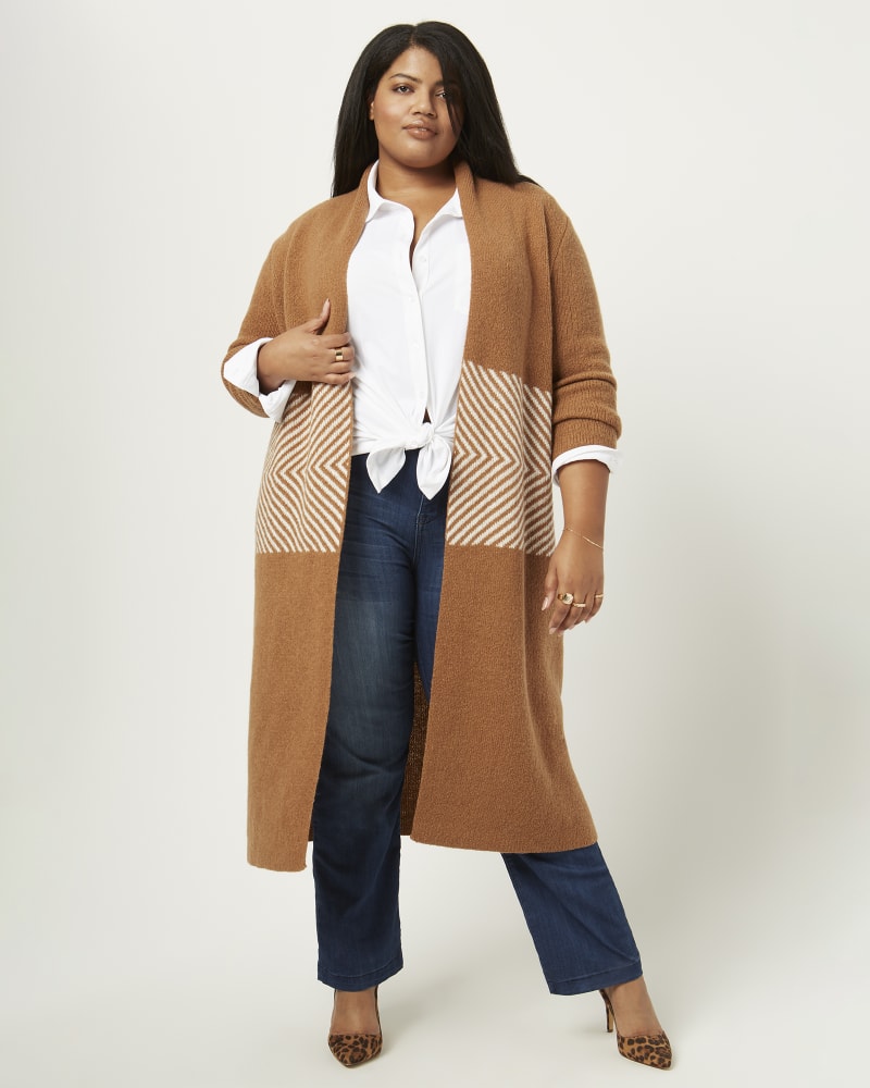 Front of a model wearing a size 1X Rhea Long Sleeve Shawl Cardigan in Tan / Ivory by Molly & Isadora. | dia_product_style_image_id:210746